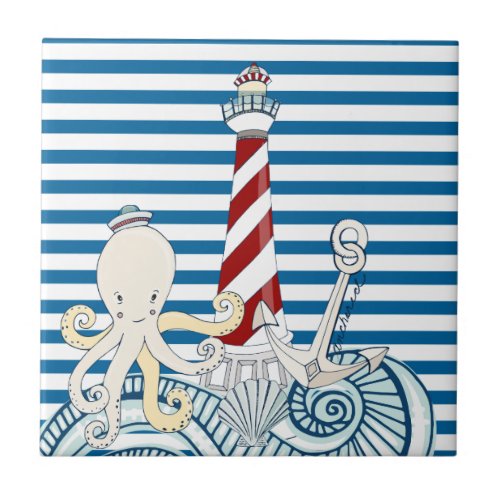 Nautical Blue and White Stripe Tile