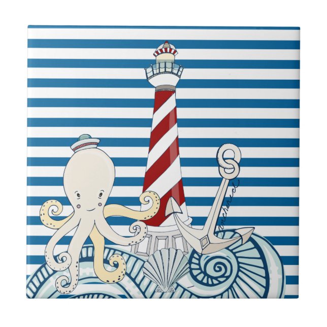 Nautical Blue and White Stripe Tile (Front)