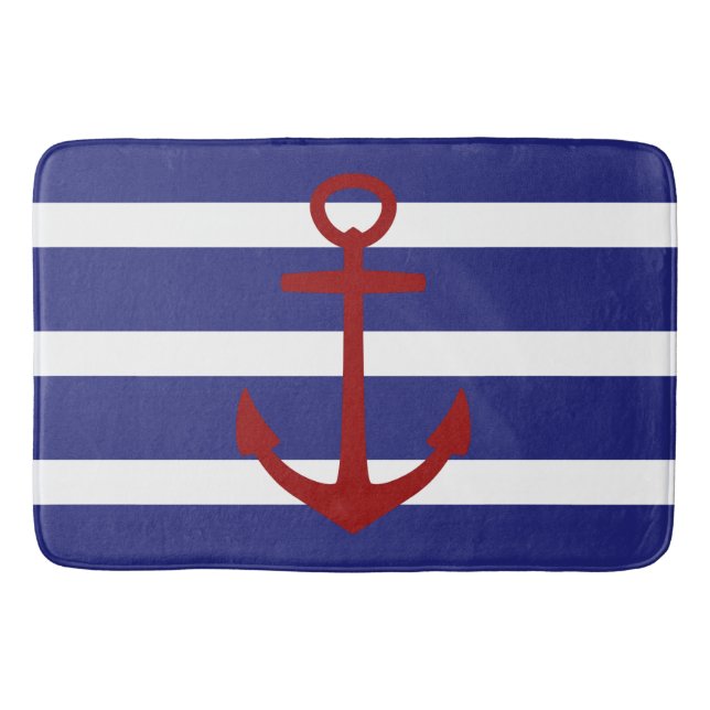 Nautical Blue and White Stripe with Red Anchor Bathroom Mat (Front)