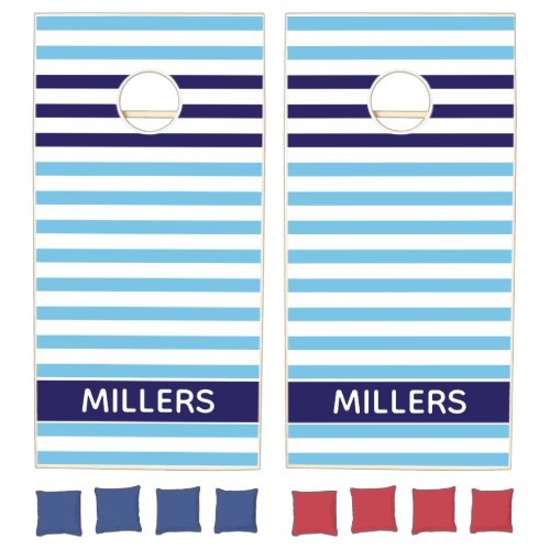 Nautical Blue And White Striped Beach Family Name Cornhole Set