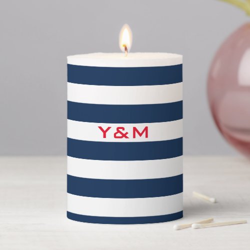 Nautical blue and white striped monogrammed candle