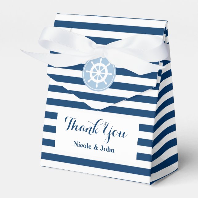 Nautical blue and white striped wedding favor box (Front Side)