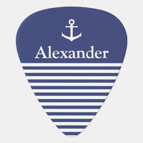 Nautical Blue and White Stripes Anchor and Name Guitar Pick