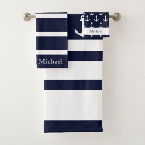 Nautical Blue And White Stripes Anchor Name Towel 