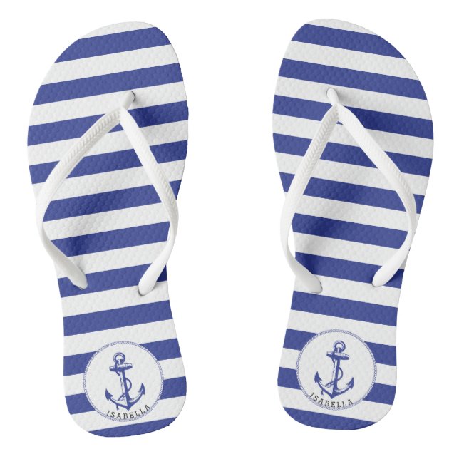 Nautical Blue and White Stripes Flip Flops (Footbed)