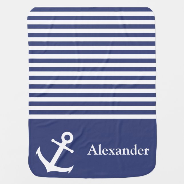 Nautical Blue and White Stripes Name Anchor  Receiving Blanket (Front)