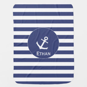 Nautical Blue and White Stripes Name Anchor Receiving Blanket
