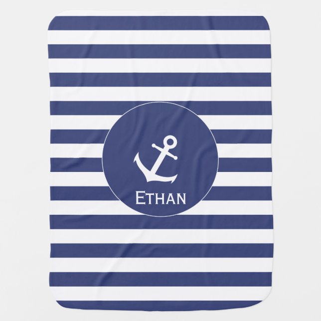Nautical Blue and White Stripes Name Anchor  Receiving Blanket (Front)