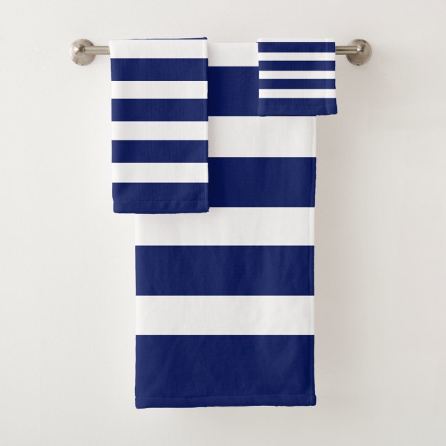 Nautical Blue and White Stripes on Navy Blue Bath Towel Set (Insitu)