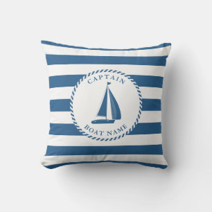Nautical Blue and White Stripes Sailboat Captain Outdoor Pillow