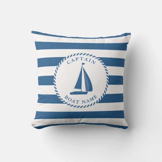 Nautical Blue and White Stripes Sailboat Captain Outdoor Pillow (Front)