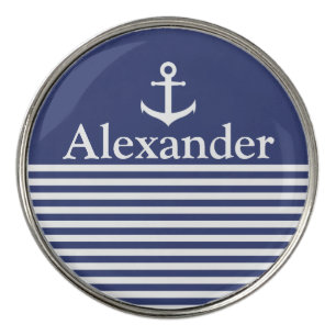 Nautical Blue and White Stripes Striped Name Golf Ball Marker