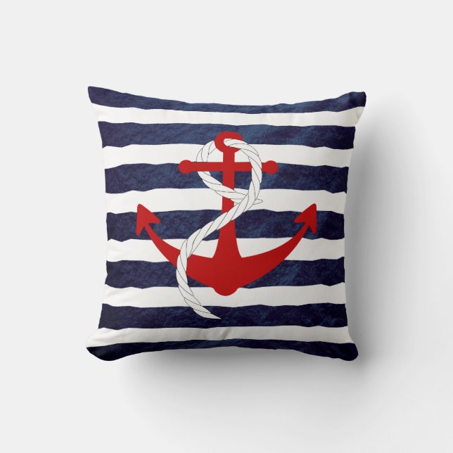 Nautical Blue and White Stripes Throw Pillow (Front)