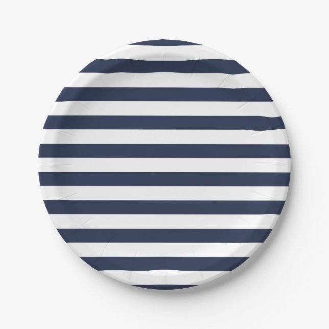 Nautical Blue And White Stripes Wedding / Party Paper Plates (Front)