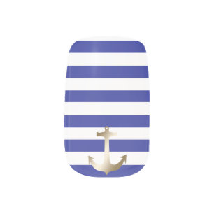 Nautical Blue and White Stripes with Golden Anchor Minx Nail Art
