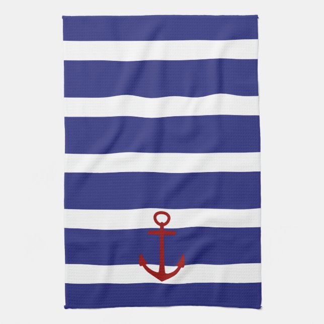 Nautical Blue and White Stripes with Red Anchor Towel (Vertical)