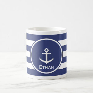 Nautical Blue and White Text Template with Anchor Coffee Mug
