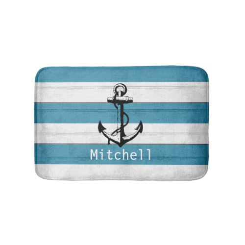 Nautical Blue and White Weathered Wood Anchor Bathroom Mat