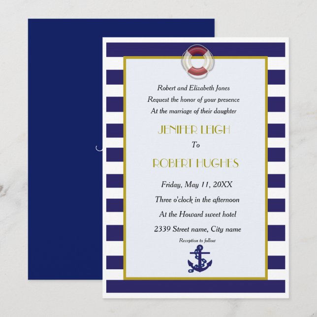 Nautical blue and white wedding invitation (Front/Back)