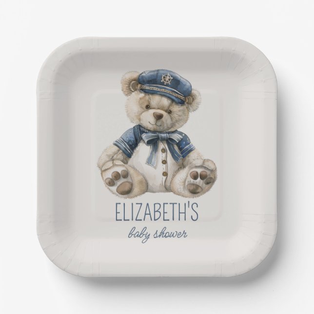 Nautical Blue Baby Bear Baby Shower Paper Plates (Front)