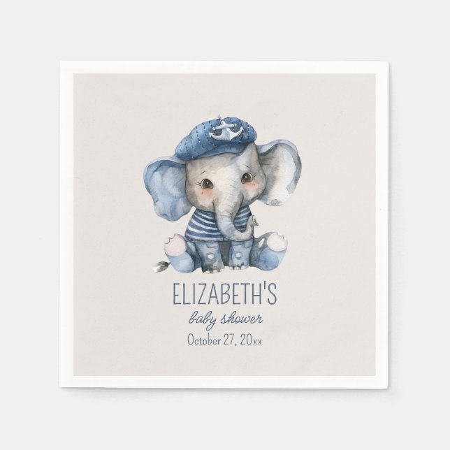 Nautical Blue Baby Elephant Baby Shower Napkins (Front)
