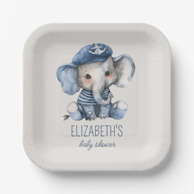 Nautical Blue Baby Elephant Baby Shower Paper Plates (Front)