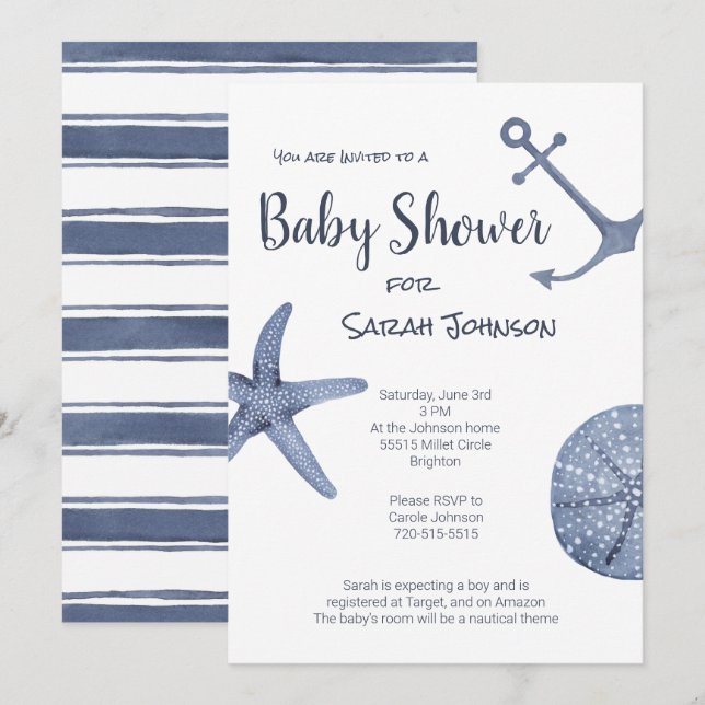 Nautical Blue Baby Shower Invitation (Front/Back)