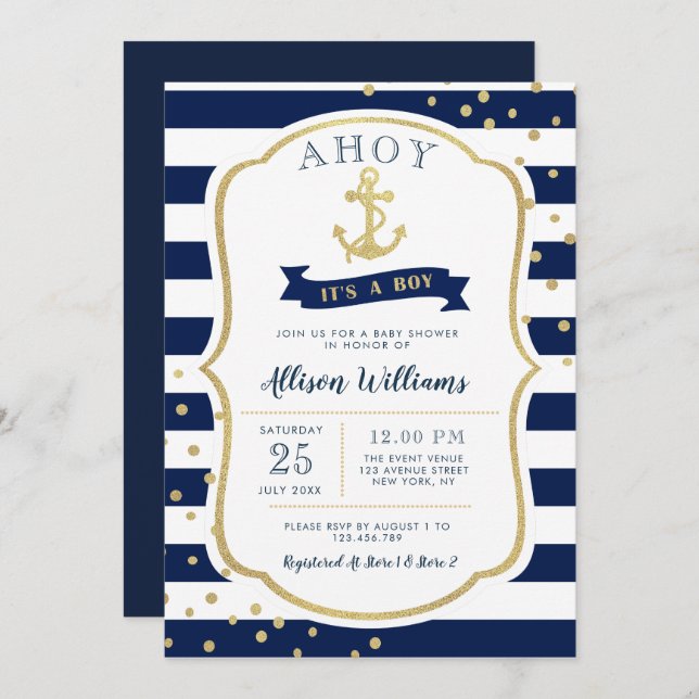 nautical blue baby shower invitation (Front/Back)