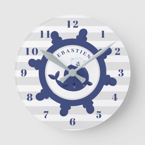 Nautical Blue Baby Whale Boys Nursery Round Clock