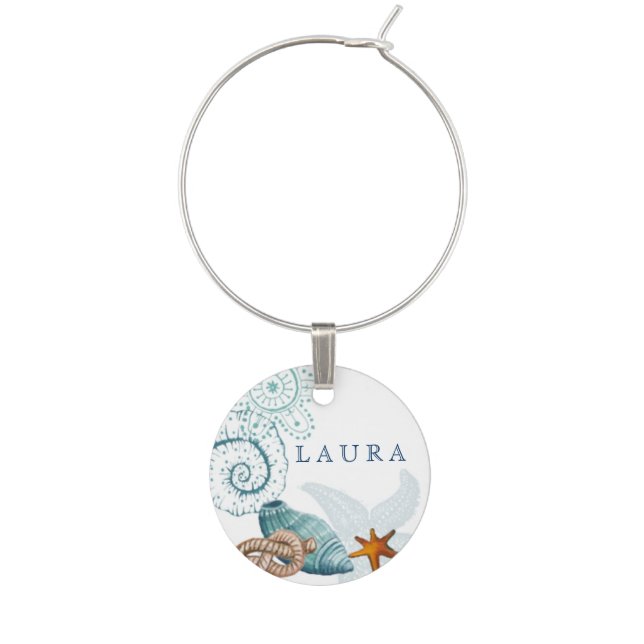 Nautical blue Beach and shells Wedding Wine Charm (Front)