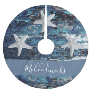 Nautical Blue Beach Rustic Starfish Family Name Brushed Polyester Tree Skirt