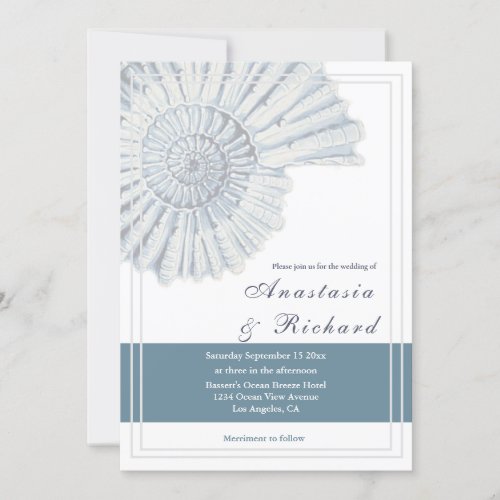 Nautical Blue Beach Shell Fossil Wedding Invitation