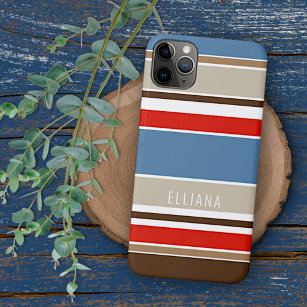 Nautical Blue Beige Brown Dark Red White Stripes iPhone 11 Pro Max Case