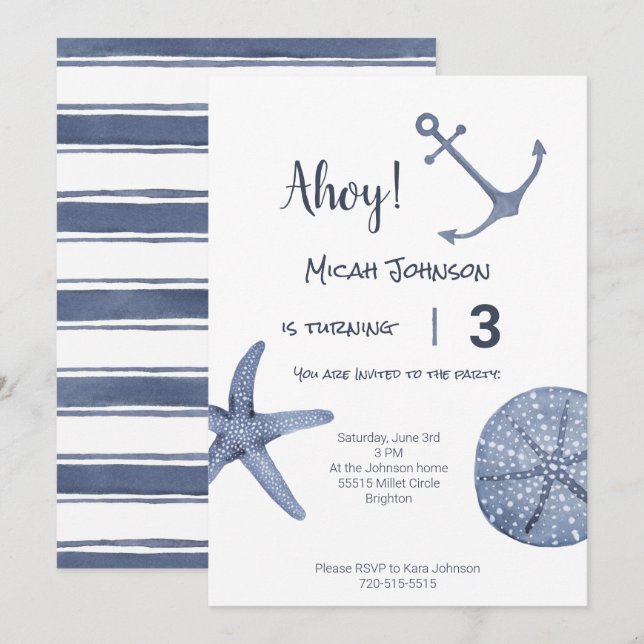 Nautical Blue Birthday Invitation Any Age (Front/Back)