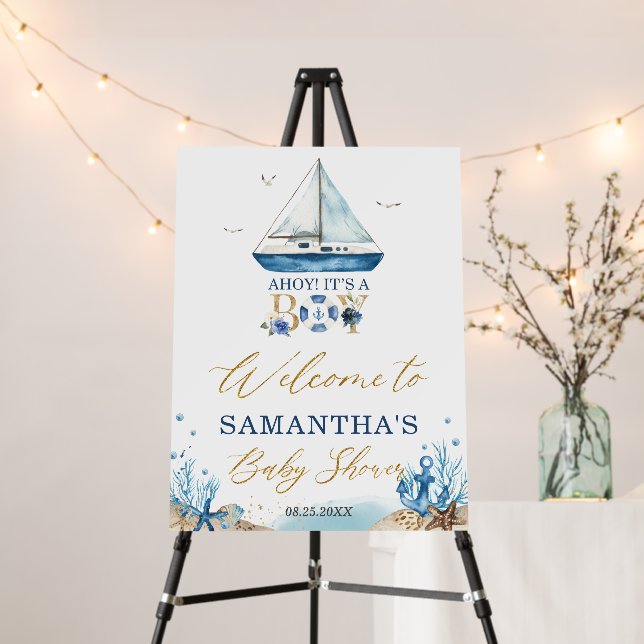 Nautical Blue Boat Ahoy Boy Baby Shower Welcome Foam Board (In Situ (Stand))