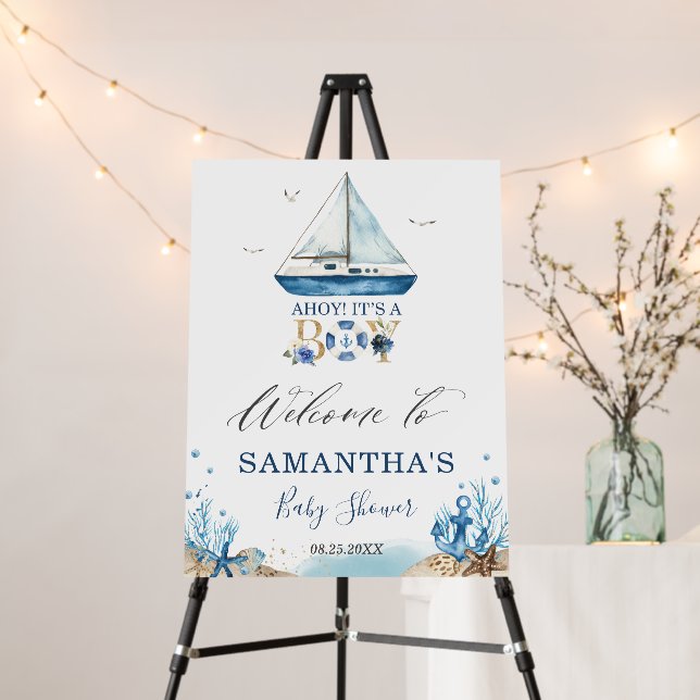 Nautical Blue Boat Ahoy Boy Baby Shower Welcome Foam Board (In Situ (Stand))