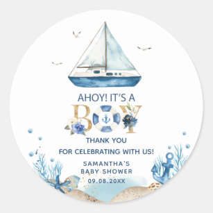 Nautical Blue Boat Ahoy It's a Boy Baby Shower Classic Round Sticker