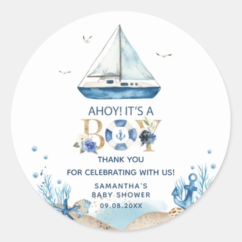 Nautical Blue Boat Ahoy Its a Boy Baby Shower Classic Round Sticker