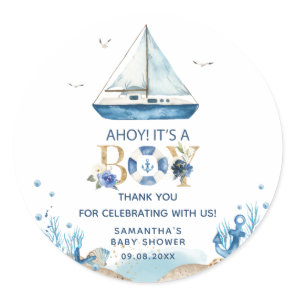 Nautical Blue Boat Ahoy It's a Boy Baby Shower Classic Round Sticker
