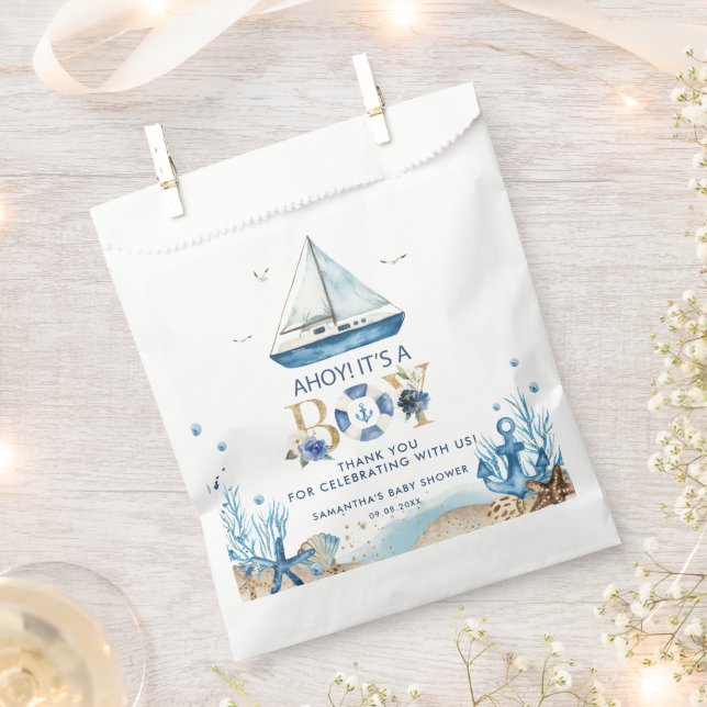 Nautical Blue Boat Ahoy It's a Boy Baby Shower Favor Bag (Clipped)