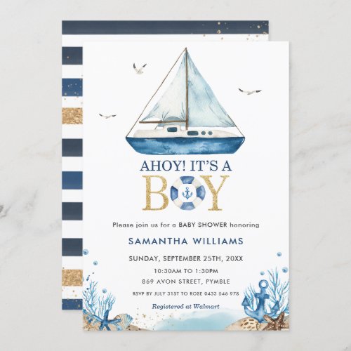 Nautical Blue Boat Ahoy Its a Boy Baby Shower Invitation