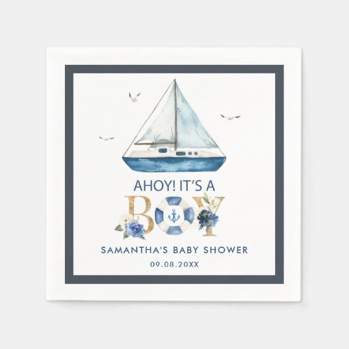 Nautical Blue Boat Ahoy Its a Boy Baby Shower Napkins