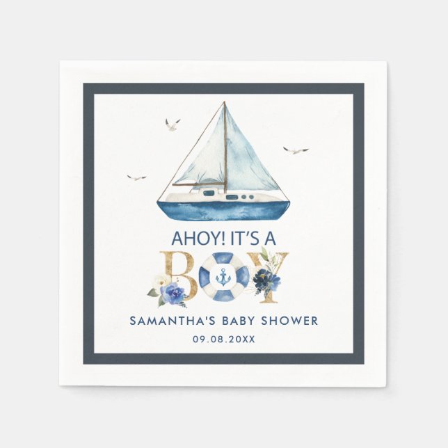 Nautical Blue Boat Ahoy It's a Boy Baby Shower Napkins (Front)