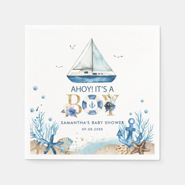 Nautical Blue Boat Ahoy It's a Boy Baby Shower Napkins (Front)