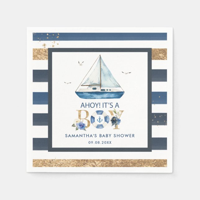 Nautical Blue Boat Ahoy It's a Boy Baby Shower Napkins (Front)