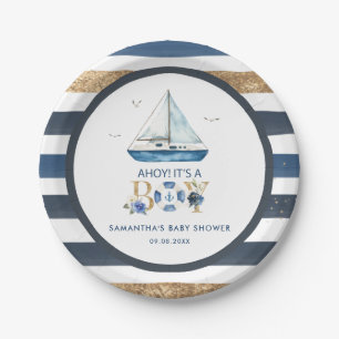 Nautical Blue Boat Ahoy It's a Boy Baby Shower Paper Plates