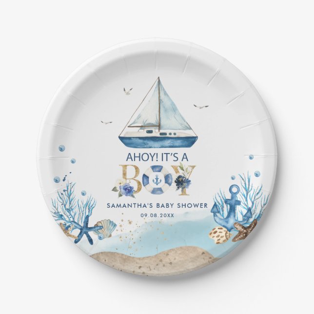 Nautical Blue Boat Ahoy It's a Boy Baby Shower Paper Plates (Front)