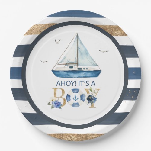 Nautical Blue Boat Ahoy Its a Boy Baby Shower Paper Plates