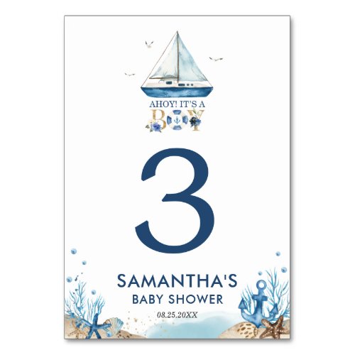 Nautical Blue Boat Ahoy Its a Boy Baby Shower Table Number