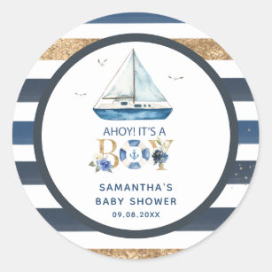 Nautical Blue Boat Ahoy It's a Boy Shower Favor Classic Round Sticker